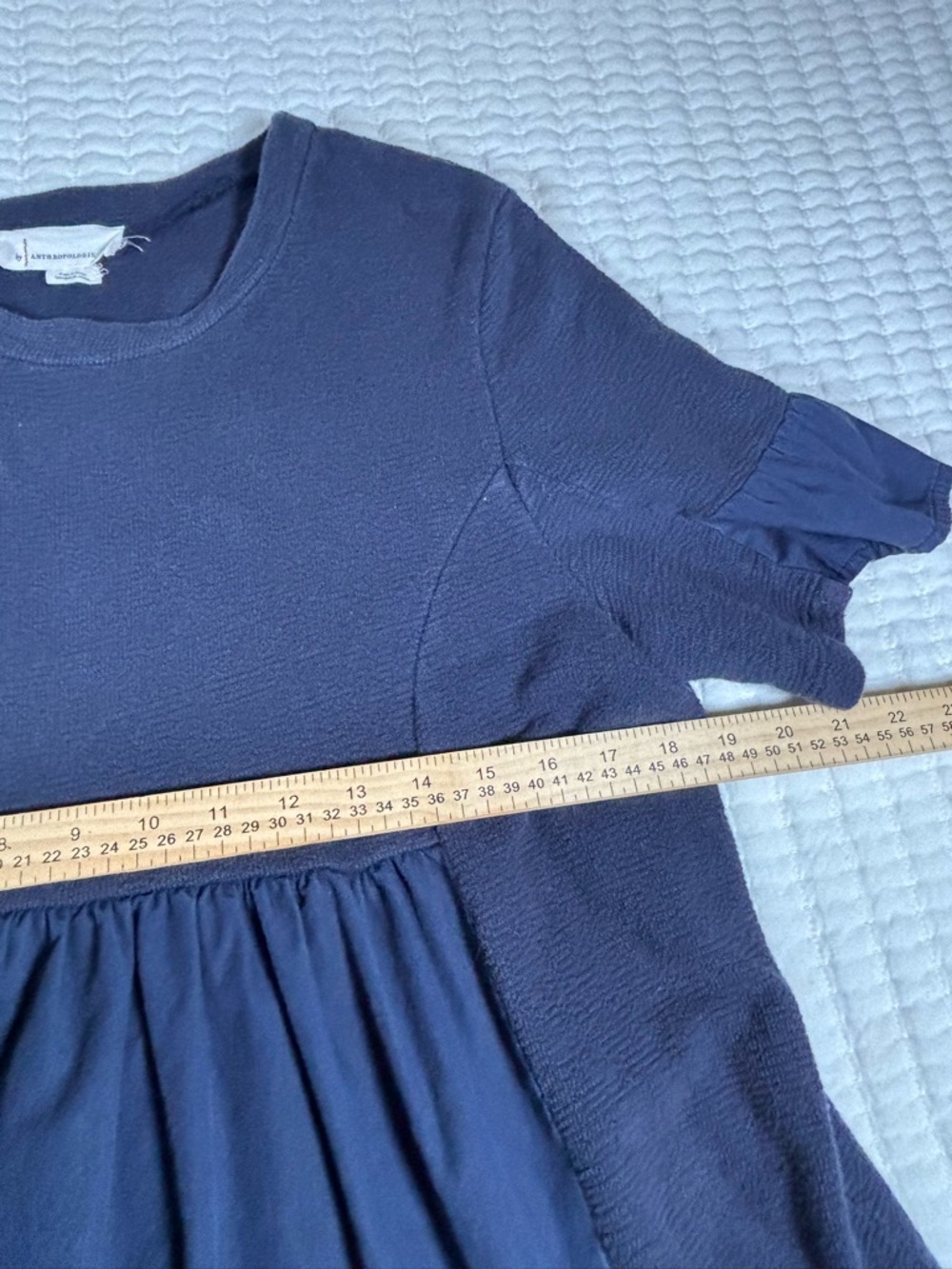 Anthropologie Navy Mixed Med Babydoll Mini Dress Ruffle Sleeve Textured Knit - Picture 6 of 8